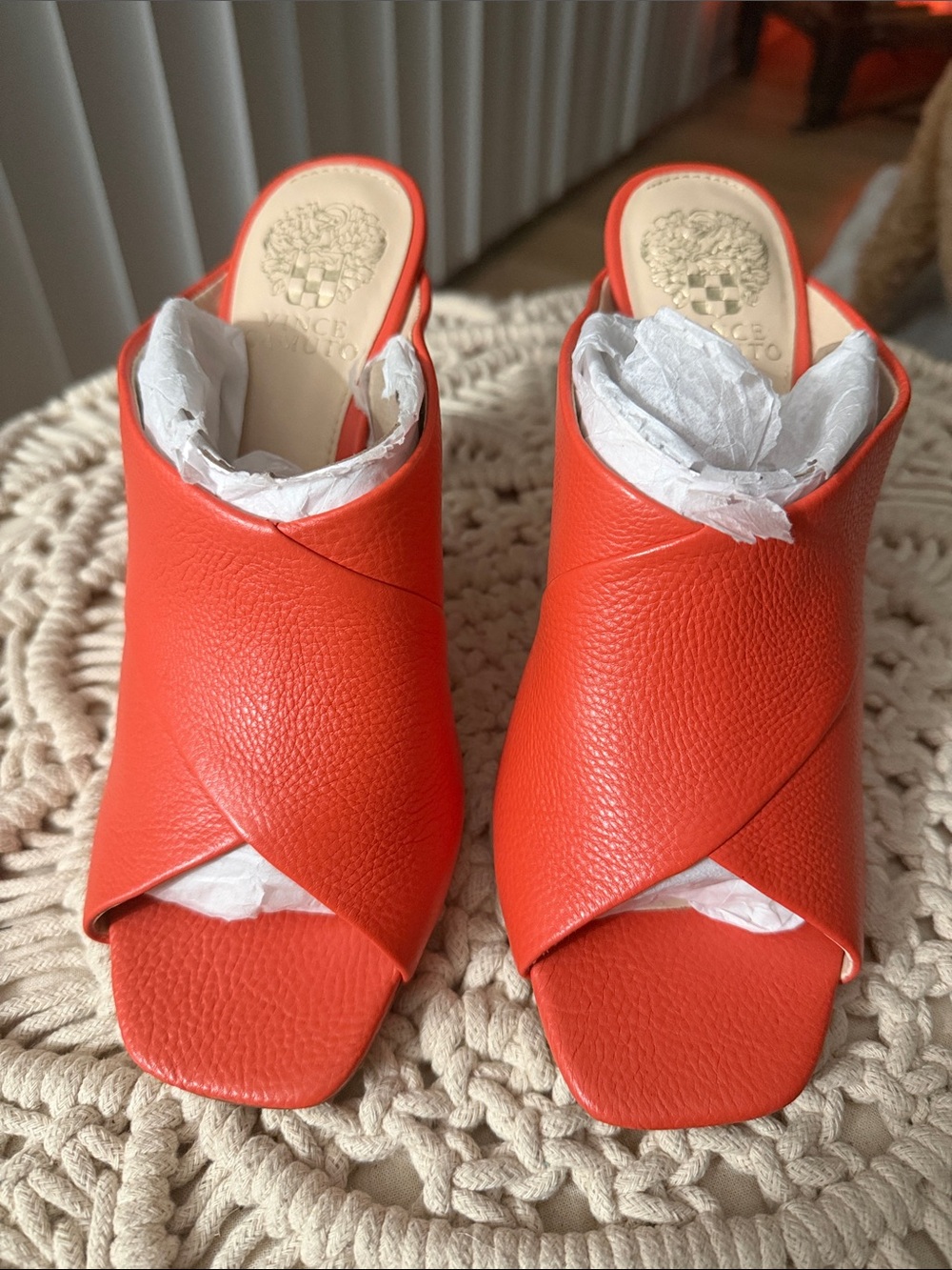 Vince Camuto Bright Orange Cross-Front Leather Mules